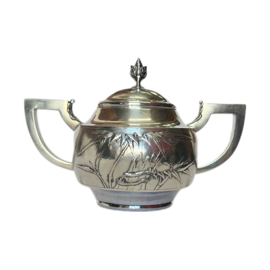 Near antique Chinese export silver 3 piece tea set with rosewood tray, estate of Shanghai Police Supt. Lovell