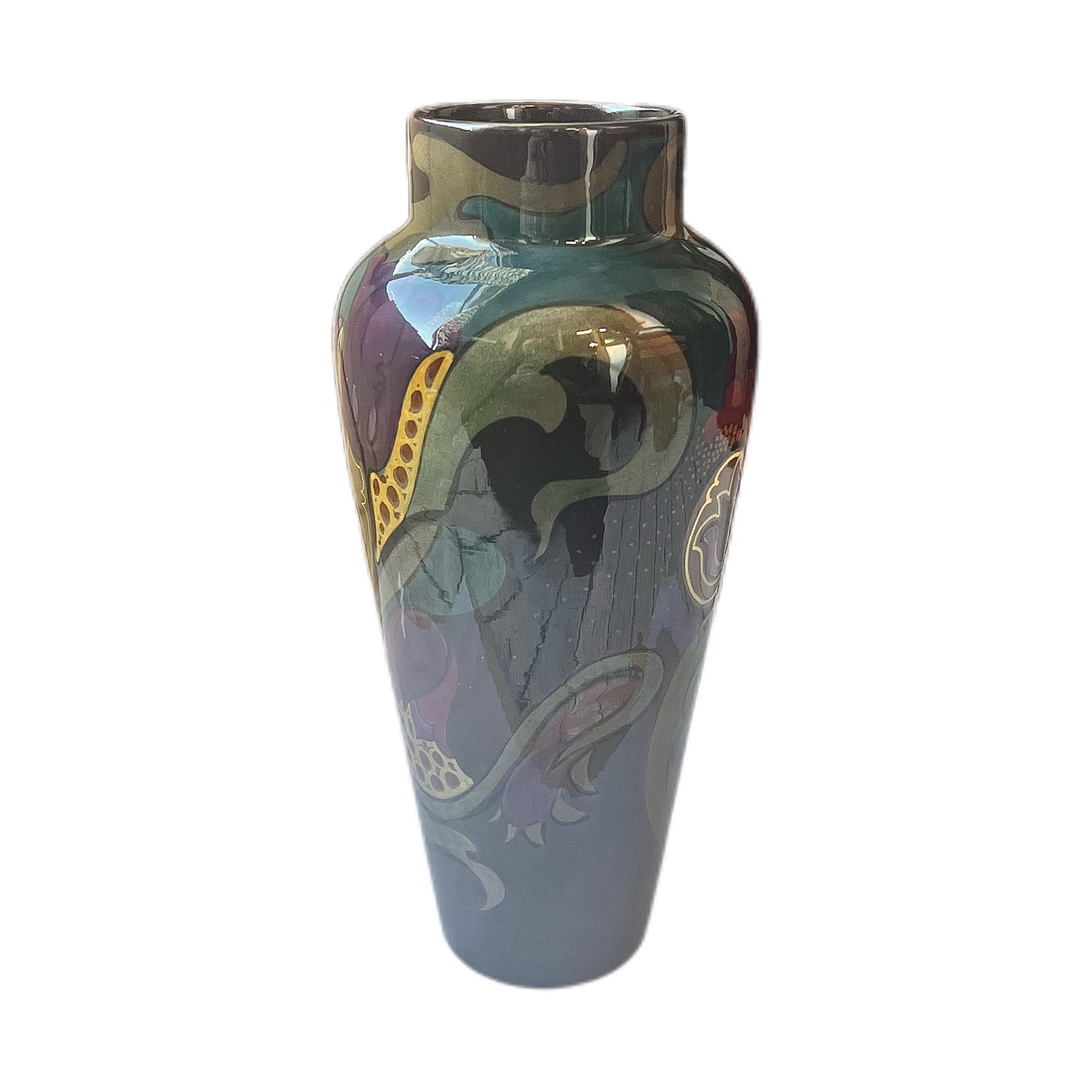 Antique PZH Gouda Dutch Pottery vase with stylised dark florals, circa 1918