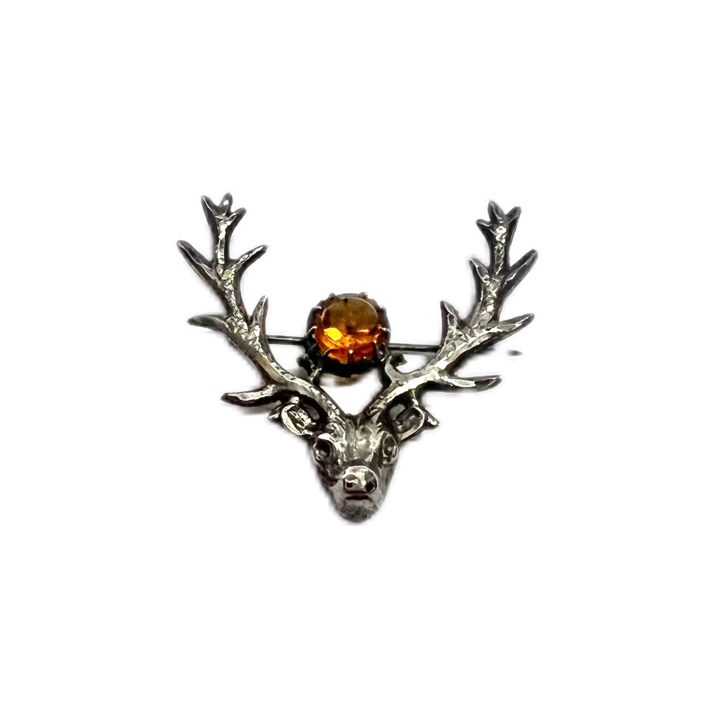 Antique English sterling silver and citrine stag brooch