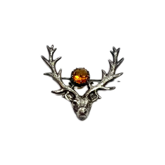 Antique English sterling silver and citrine stag brooch