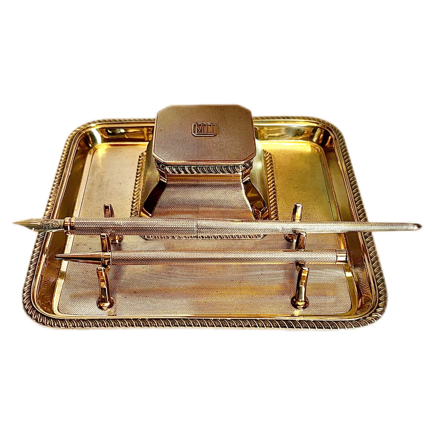 George V Asprey of London near antique gilt on sterling silver desk set