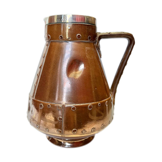 Antique Doulton Lambeth Silicon Ware "Riveted Coppet" jug with sterling silver rim