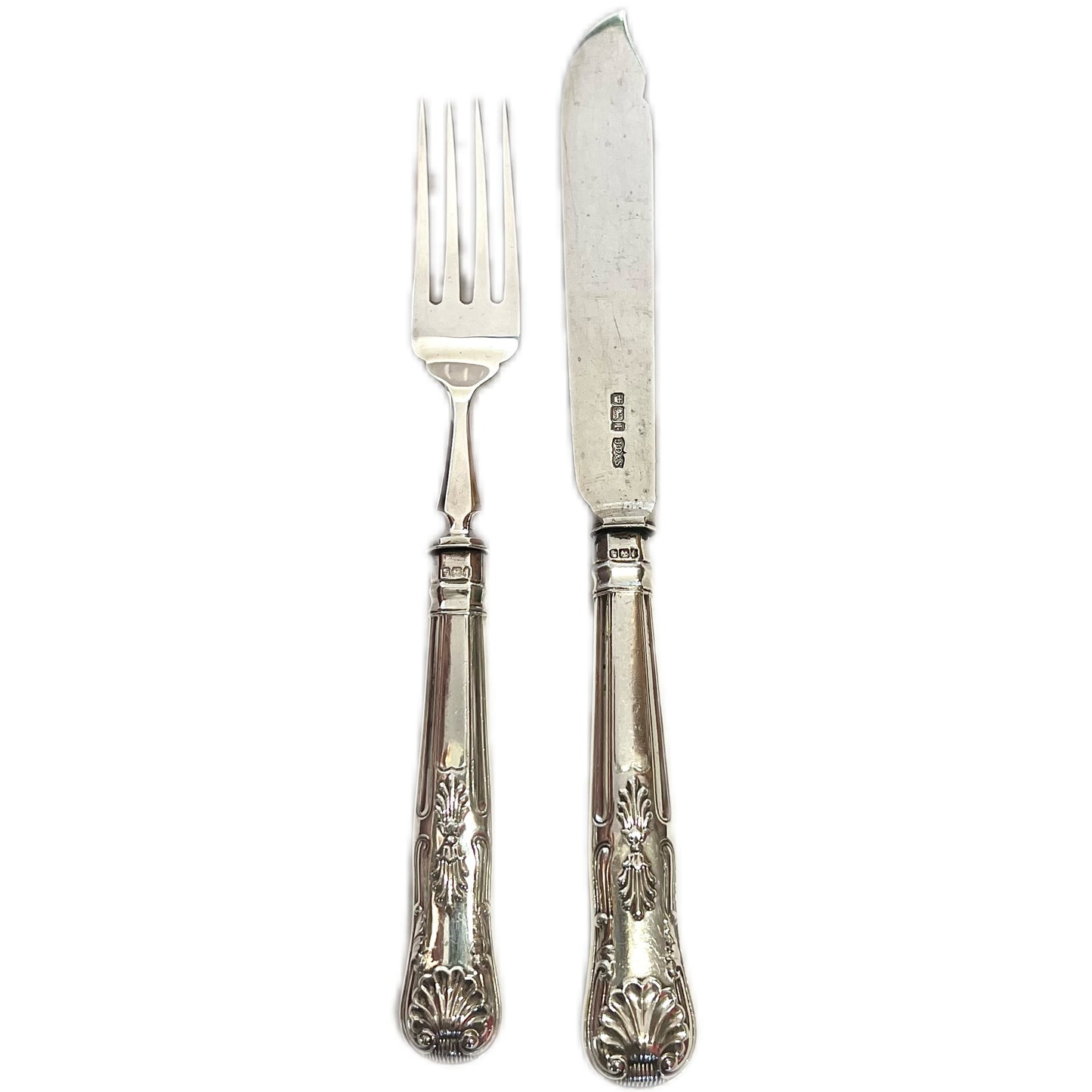 Antique Edwardian 24 piece cased set of Kings Pattern sterling silver fish servers, James Dixon & Sons
