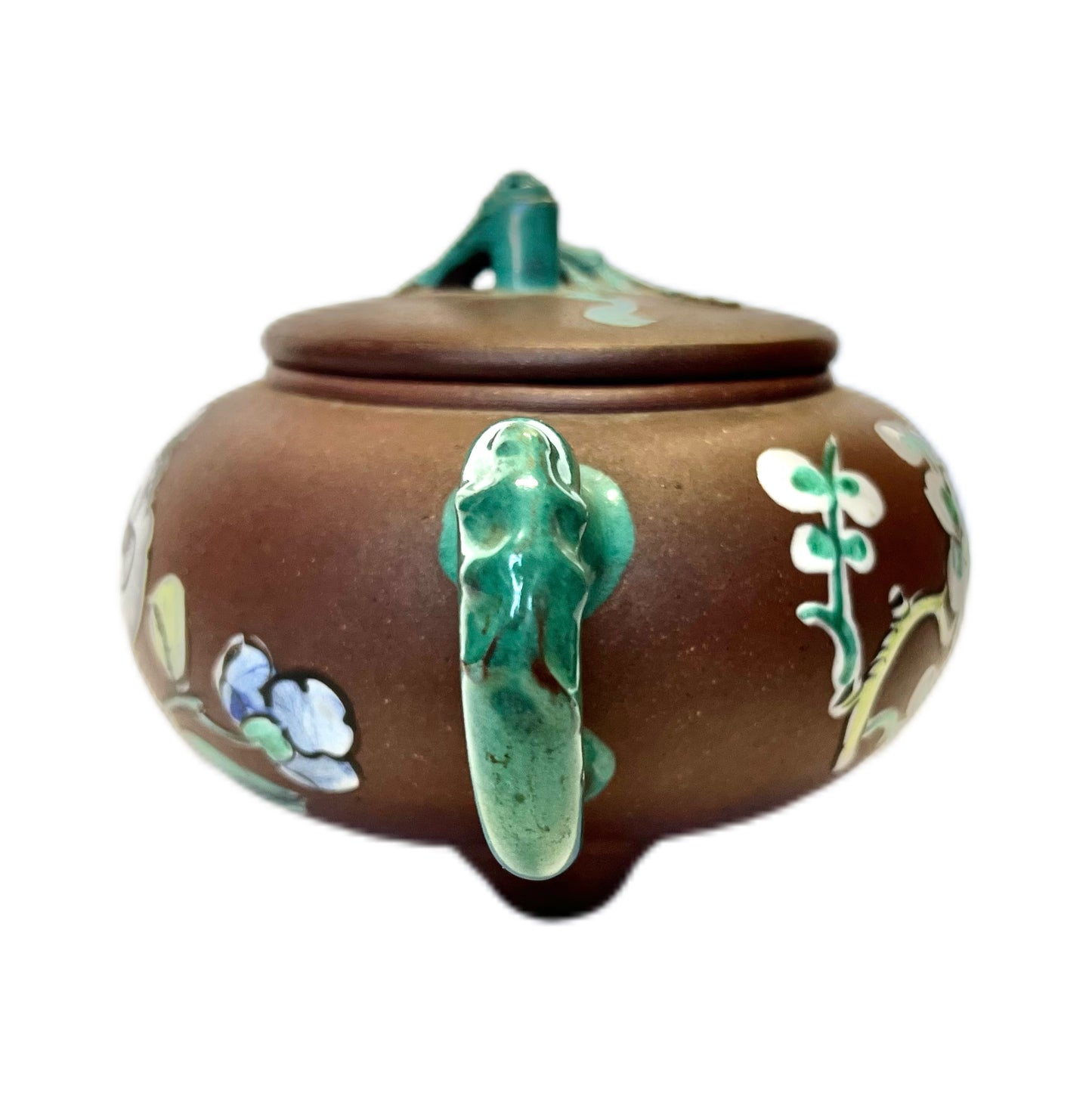 Antique Chinese Yixing Zisha clay teapot, celadon glazed dragon spout