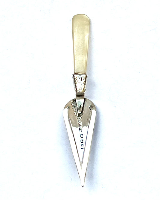 Victorian mother of pearl and sterling silver book spade, with marks for Birmingham, 1897