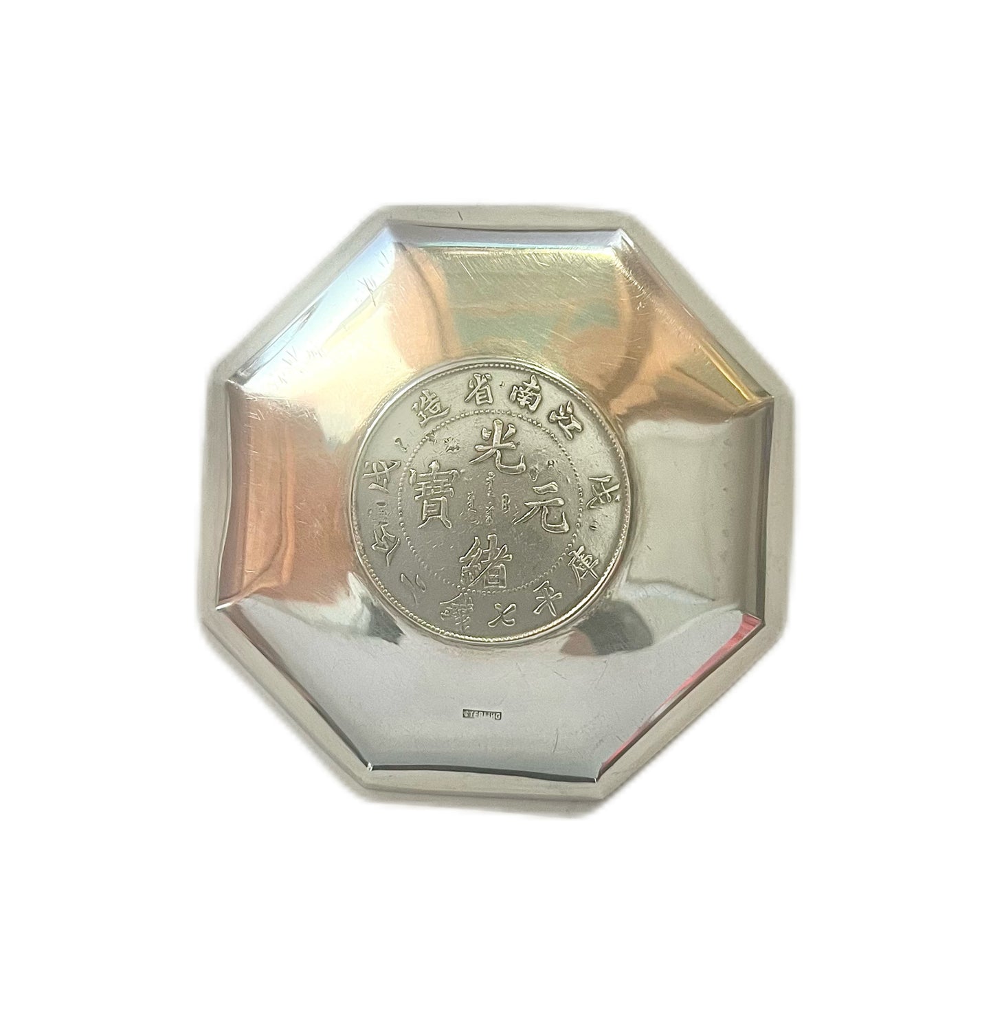 Antique Chinese export silver trinket dish with Guangxu Period Jiang nan (Kiang Nan) 7 Mace 2 Candareen coin