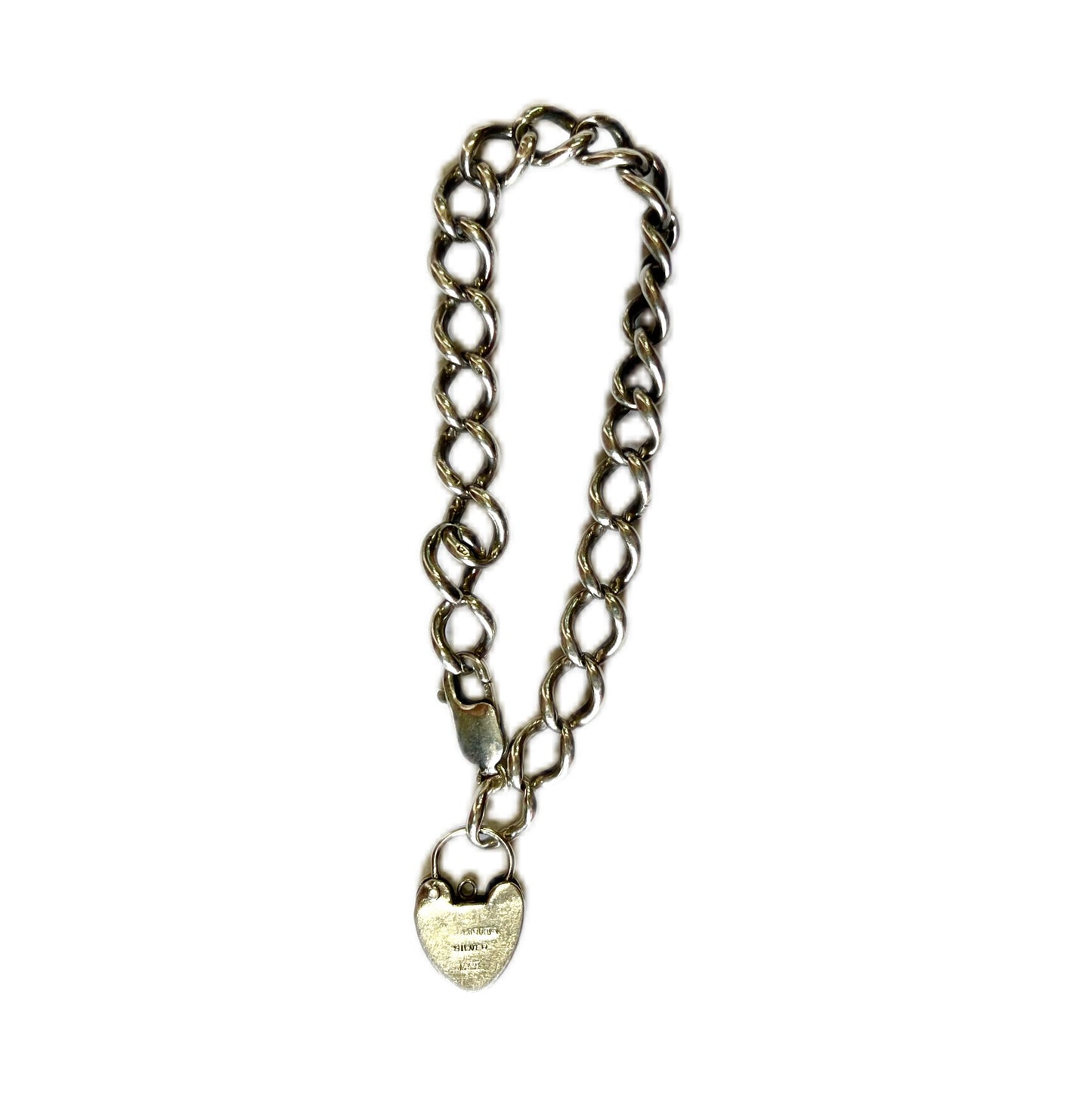 Elegant English sterling silver bracelet with W.J. Sanders heart-shaped padlock