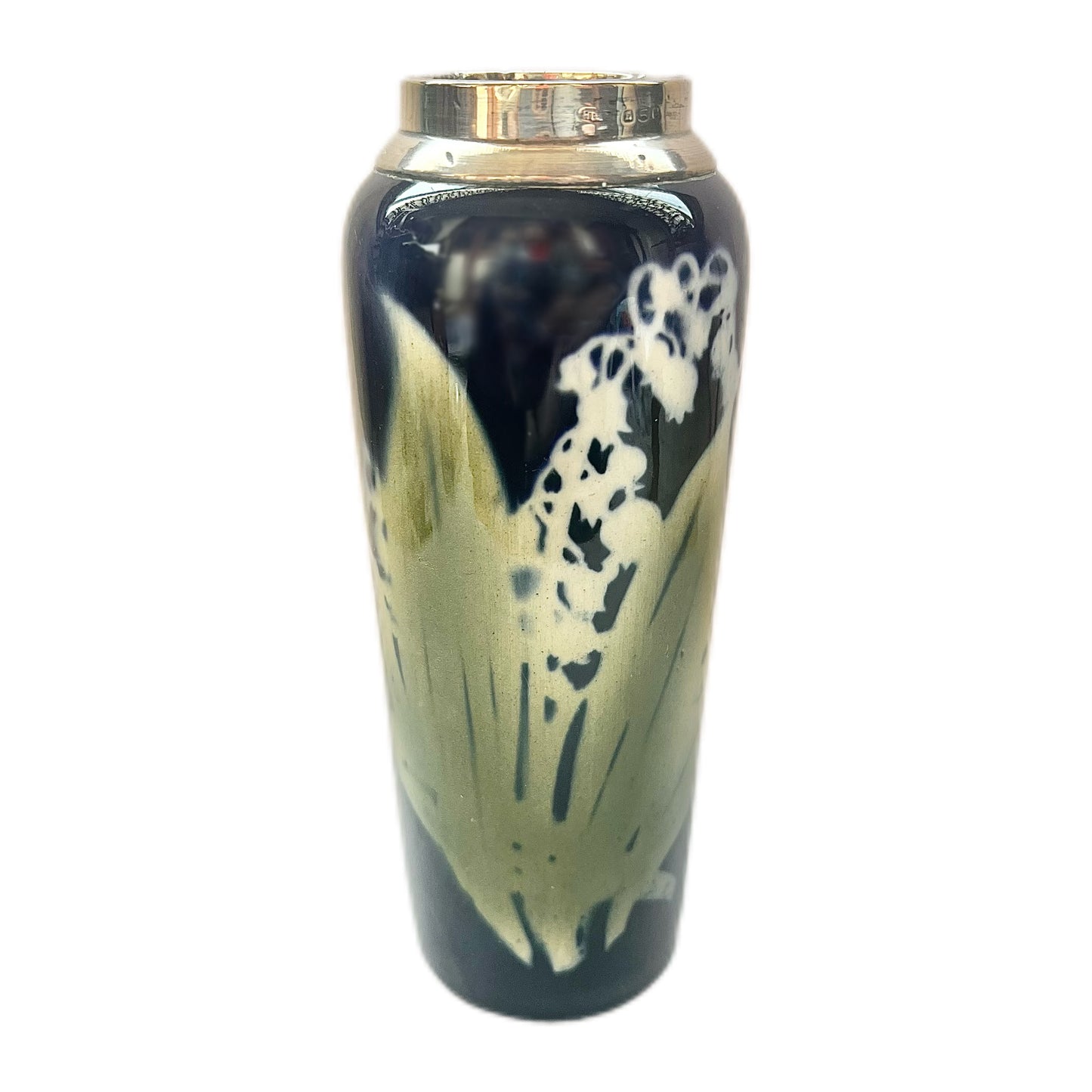 English Art Nouveau lily of the valley vase with sterling silver rim