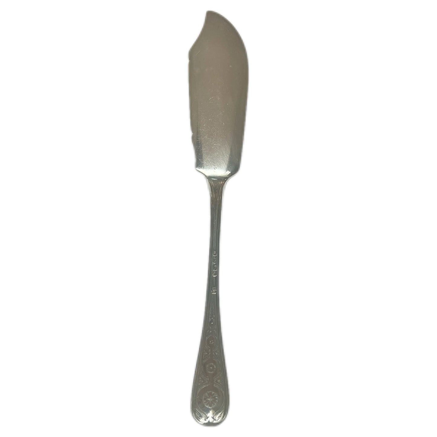 Antique High Victorian crested sterling silver butter knife, London, 1866, John Hunt & Robert Russell