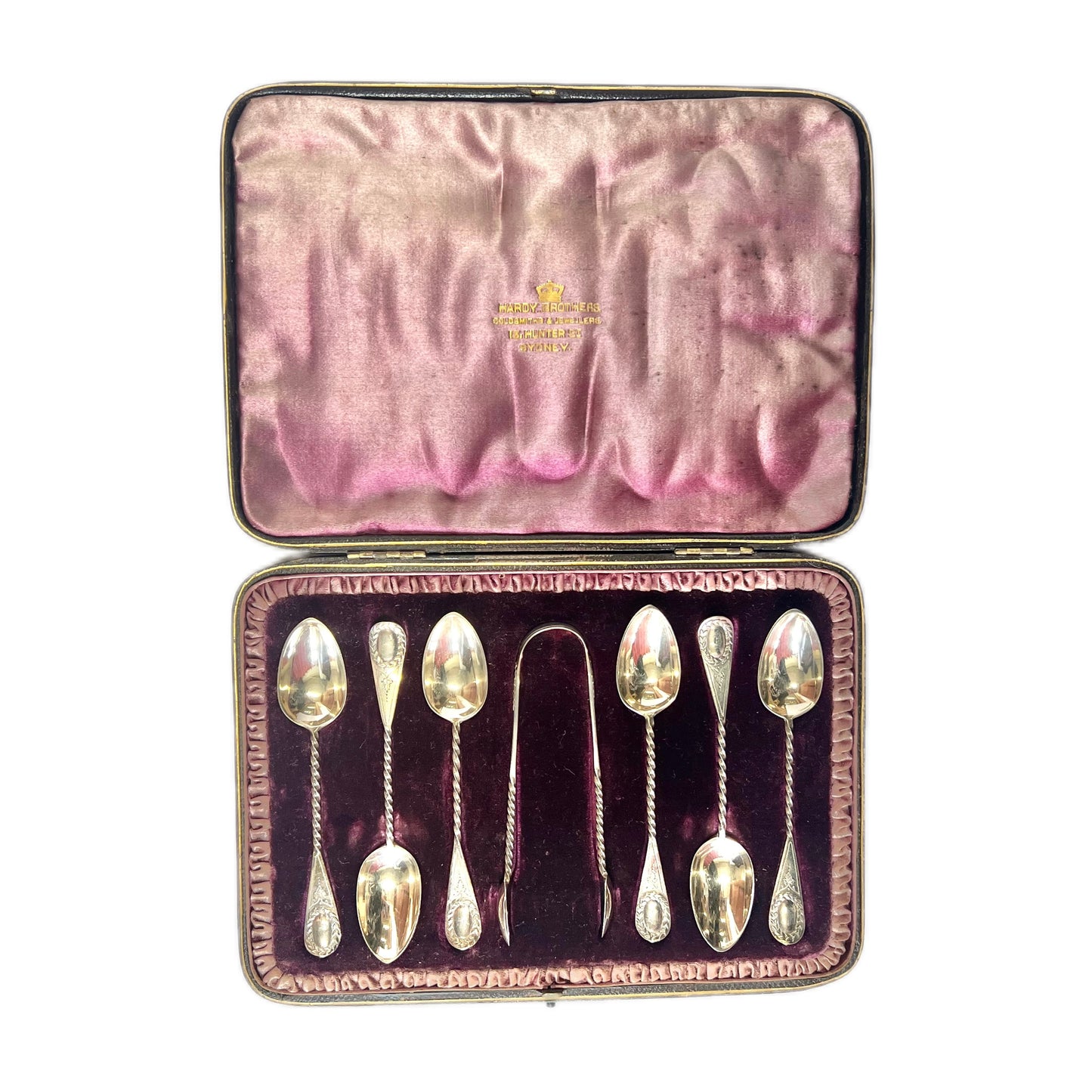 6 antique sterling silver Aldwinckle & Slater teaspoons and a matching pair of sugar tongs, original Hardy Bros box