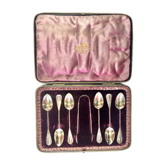 6 antique sterling silver Aldwinckle & Slater teaspoons and a matching pair of sugar tongs, original Hardy Bros box