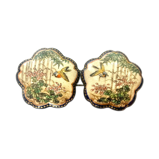Pair of blossom-shaped Late Meiji to early Taisho Satsuma bird motif buckles