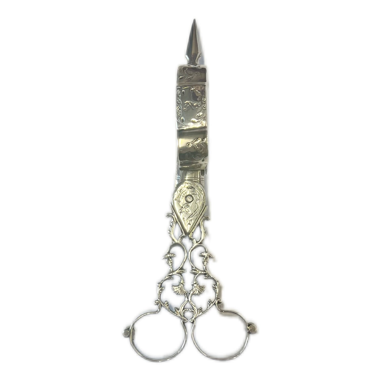 Antique George II crested sterling silver wick trimmers, London, 1759.