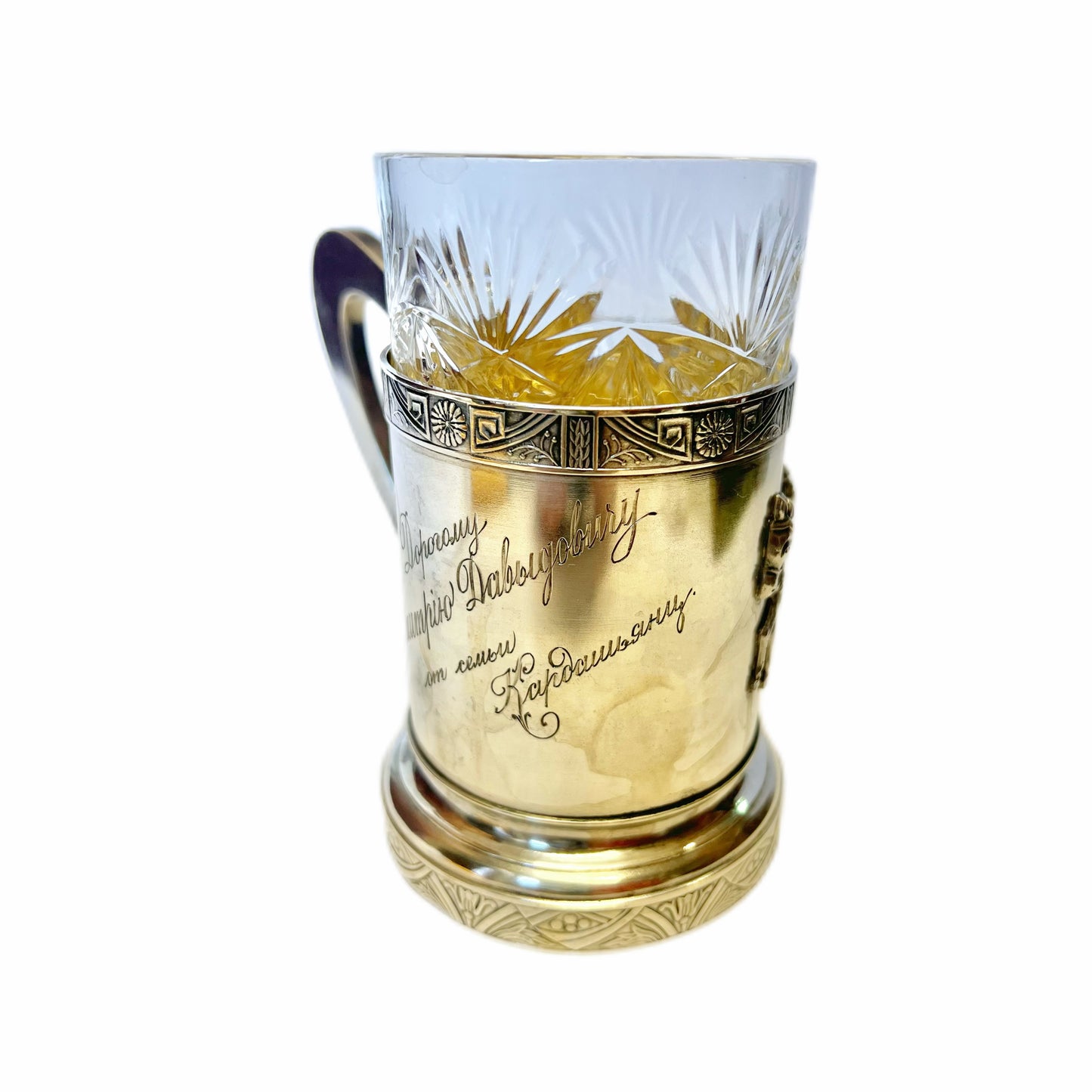 Antique Russian .875 silver Troika podstakannik with original glass and inscription