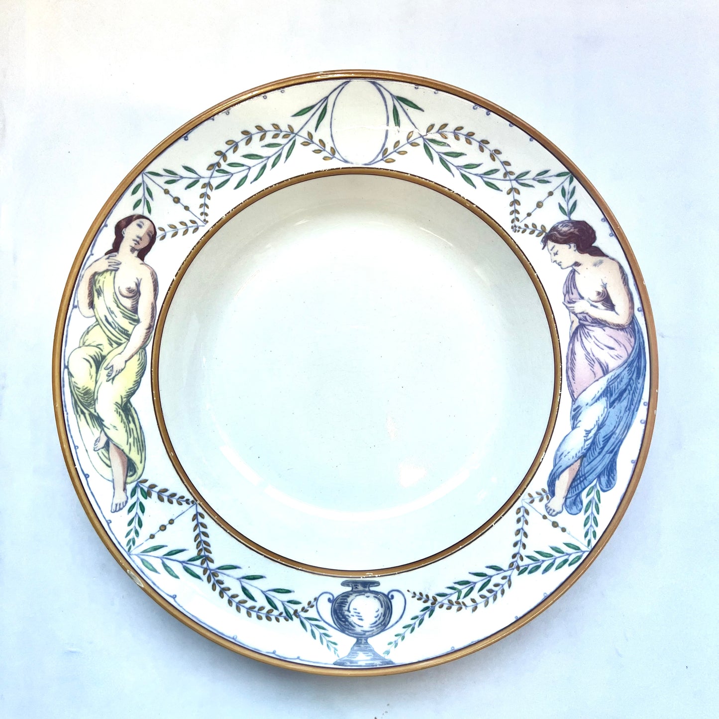 Antique Wedgwood transferware soup bowl, with rare art nouveau lady Day and Night motifs