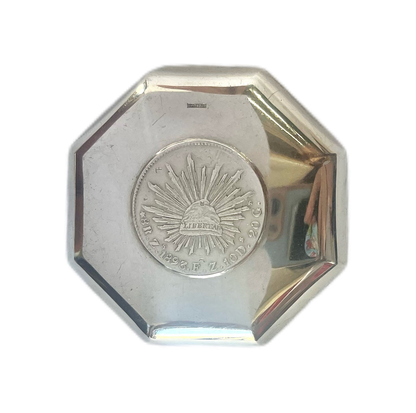 Near antique 1930s Chinese export silver 1893 8 reales coin trinket dish