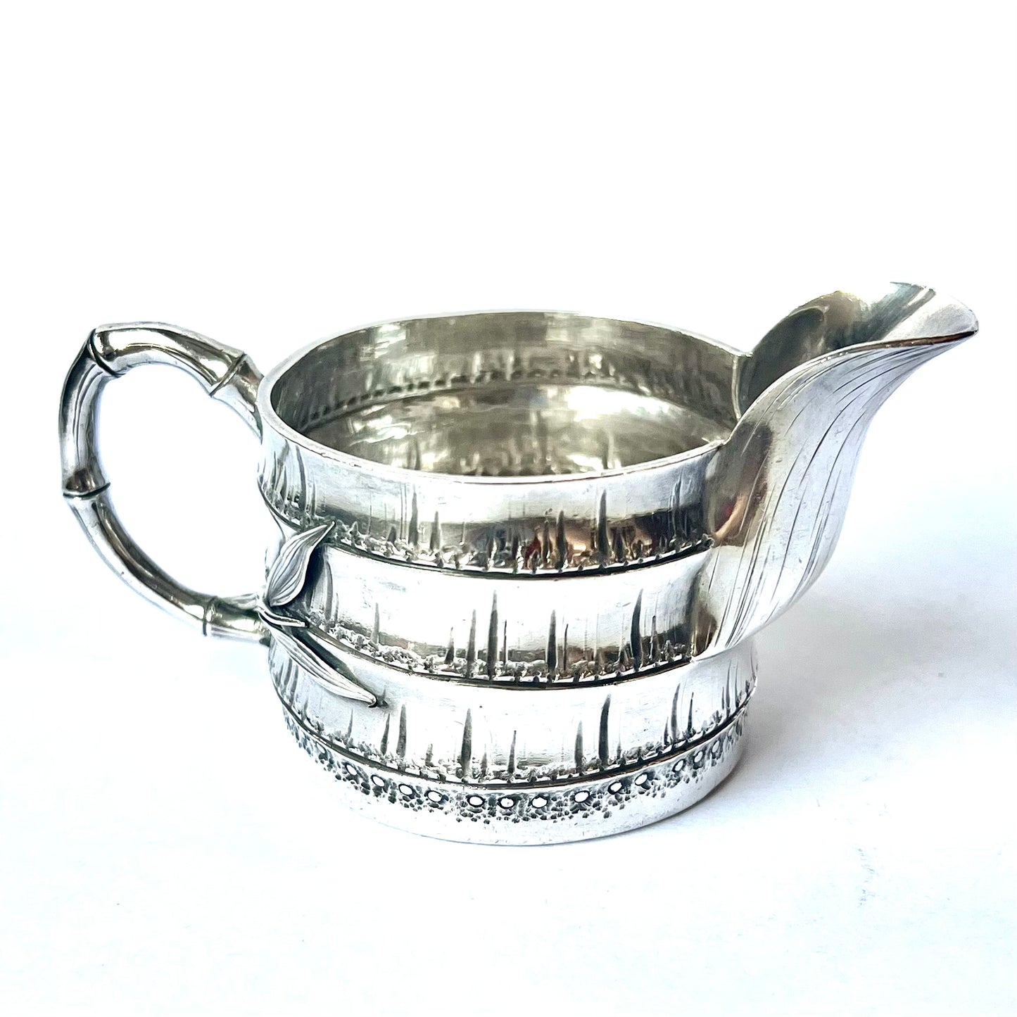 Superb and rare Japanese Meiji Period .950 silver creamer jug with bamboo motifs by Konoike