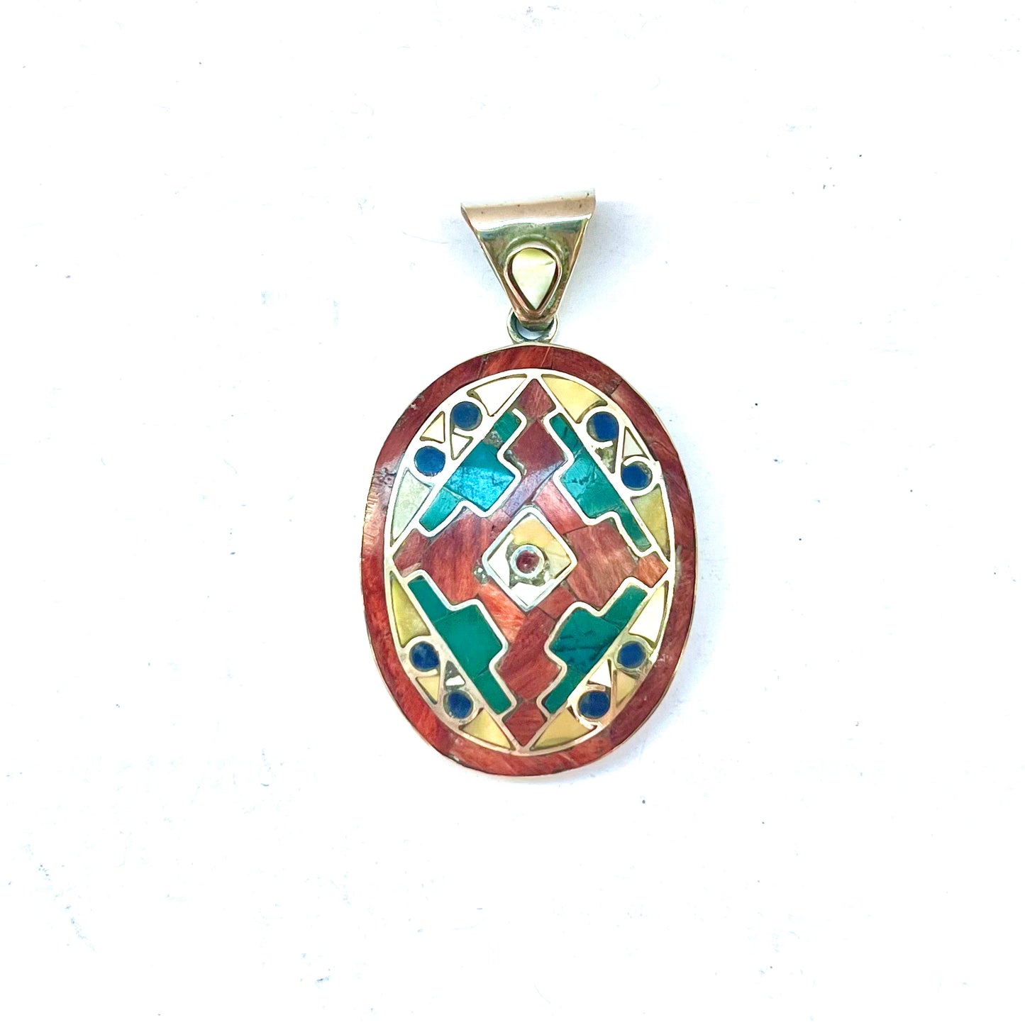 Vintage sterling silver and stone inlay pendant, Southwestern or Peruvian in style