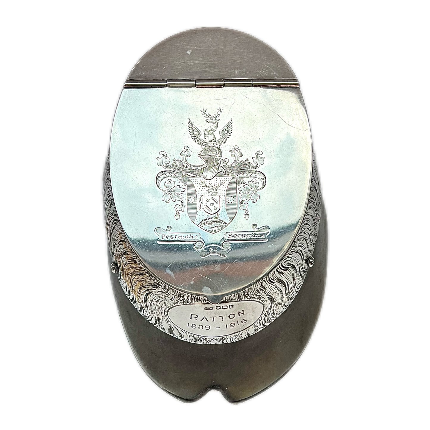 Antique rare sterling silver racehorse hoof "Ratton" inkwell with original glass liner, Sheffield, 1927, Henry Wigfull