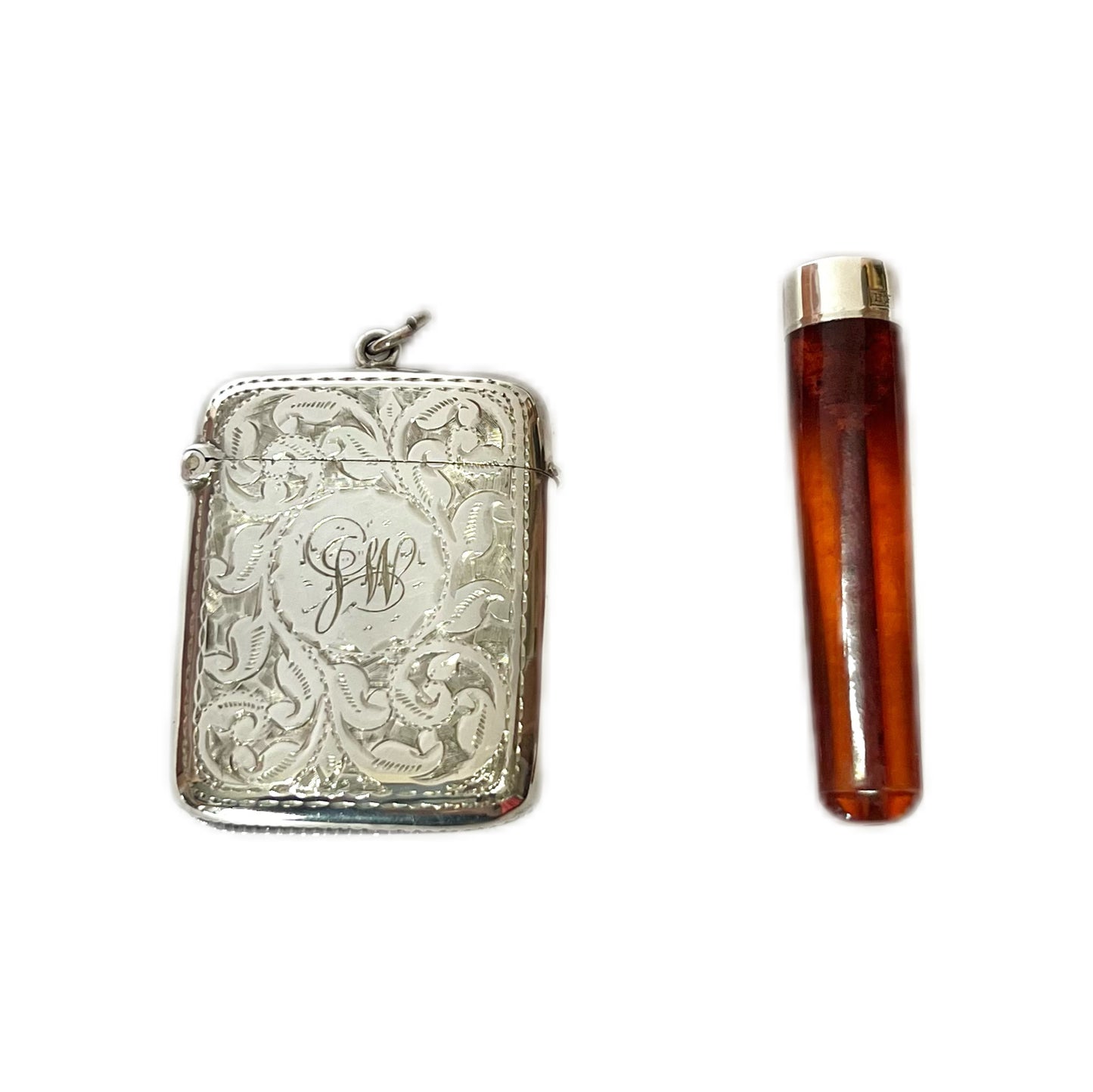 Antique English sterling silver vesta case and cigarette holder set in original case