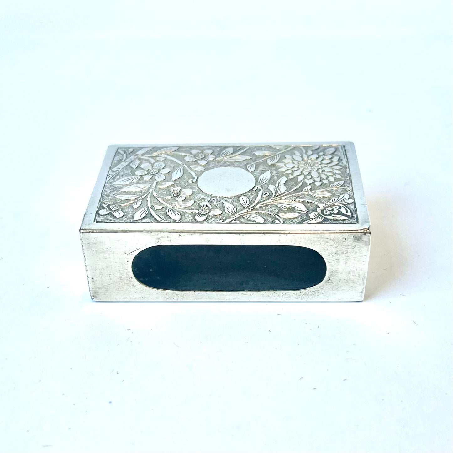 Antique Chinese export silver matchbox with floral motifs