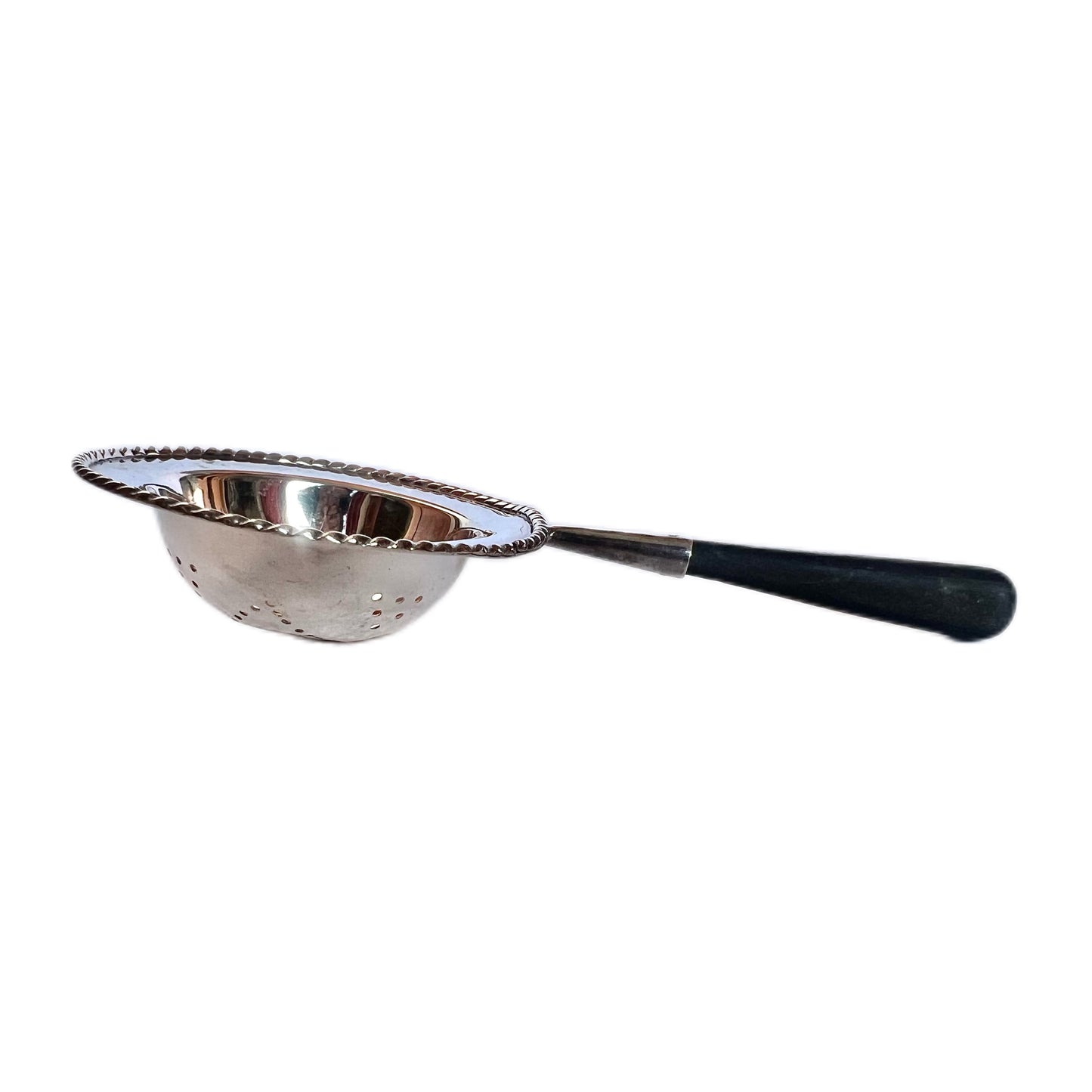 George V sterling silver and ebony-handled tea strainer