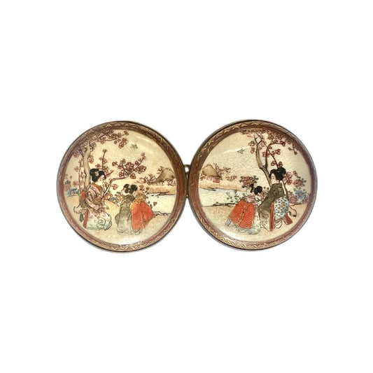 Pair of Late Meiji to early Taisho Satsuma geisha motif buckles
