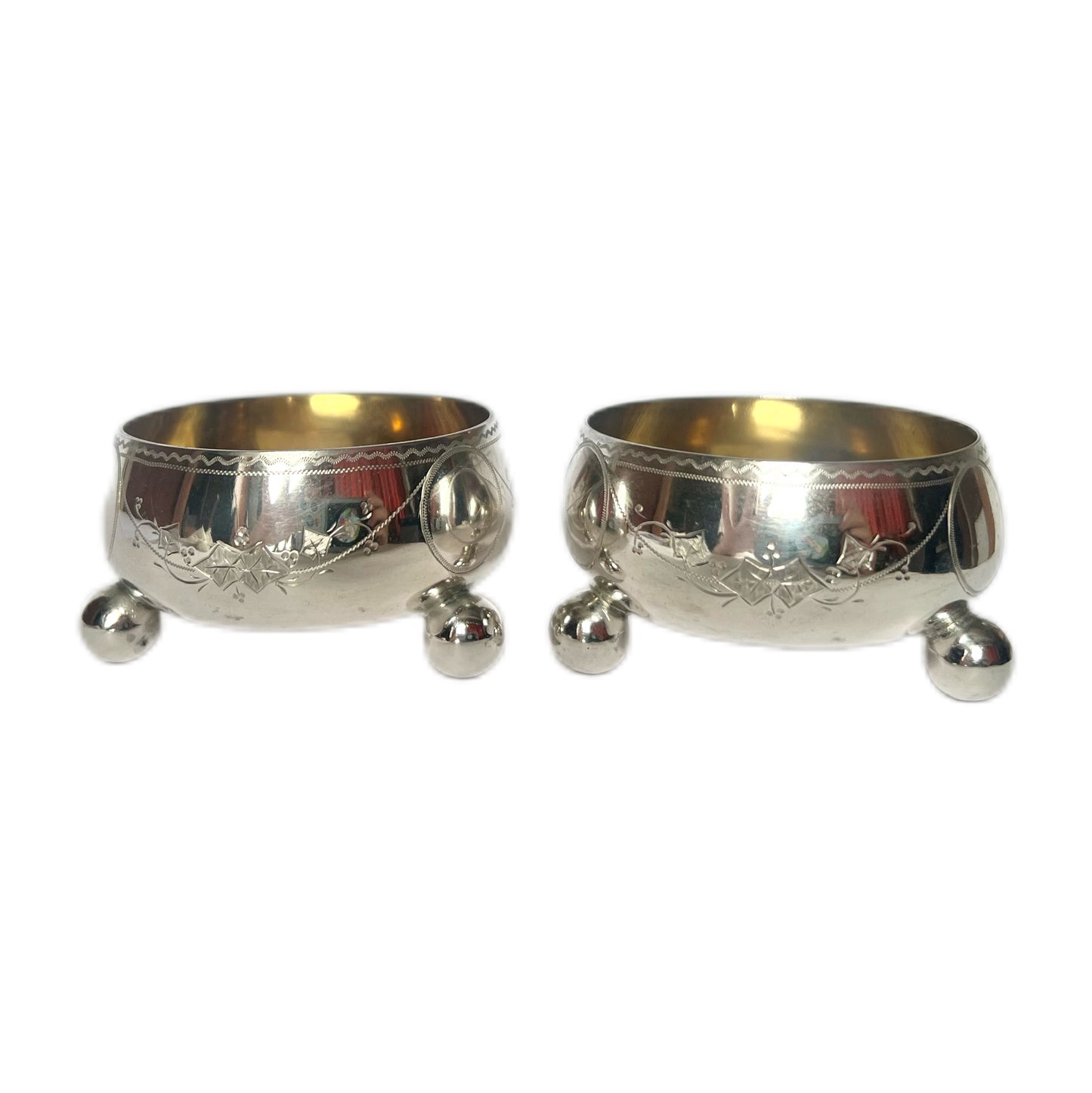 Late Victorian Christopher Dresser influenced sterling silver salt cellars, Martin, Hall & Co.