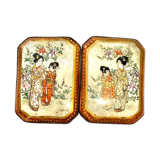Large pair of Late Meiji to early Taisho Satsuma geisha motif buckles