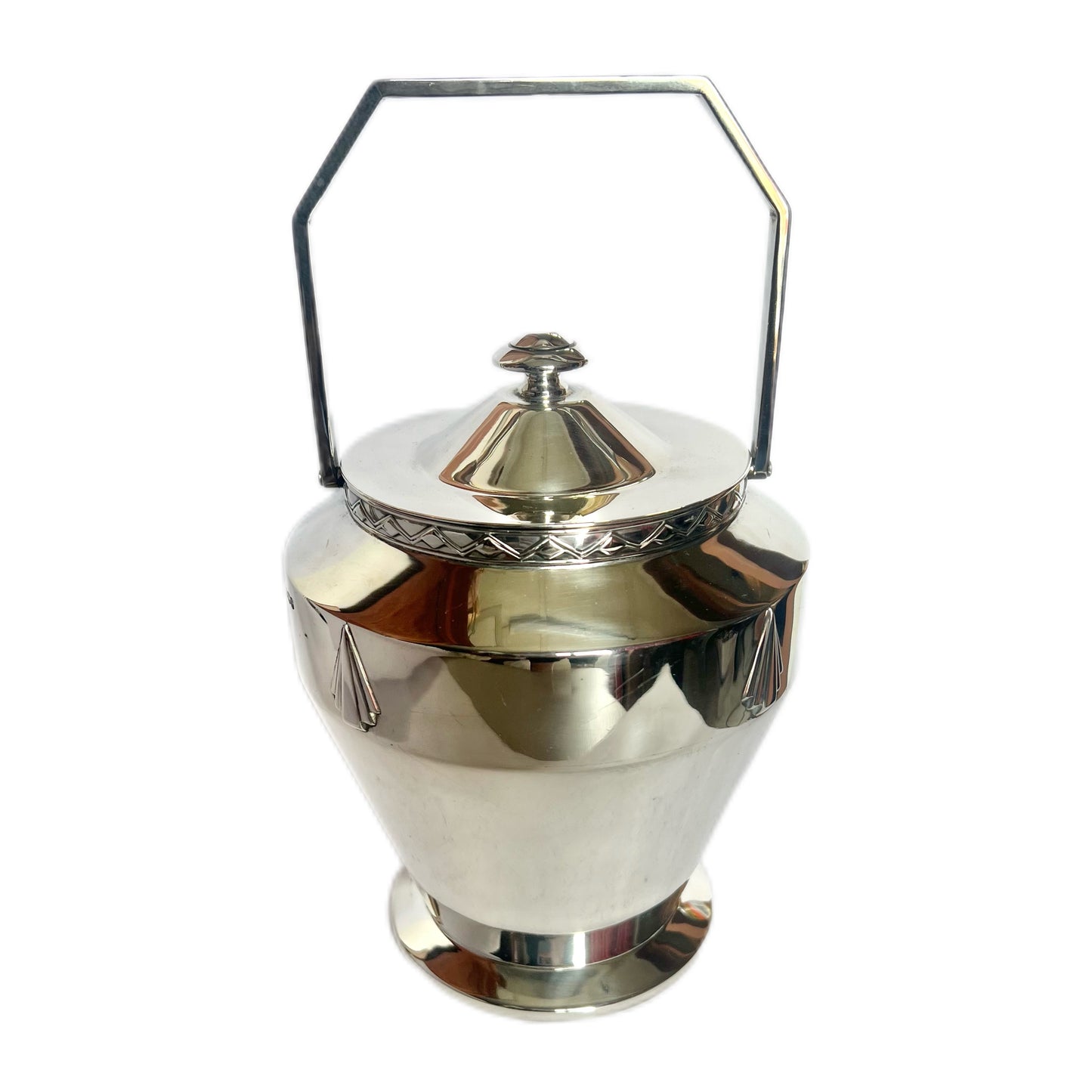 George V English Art Deco inter-war period sterling silver biscuit barrel