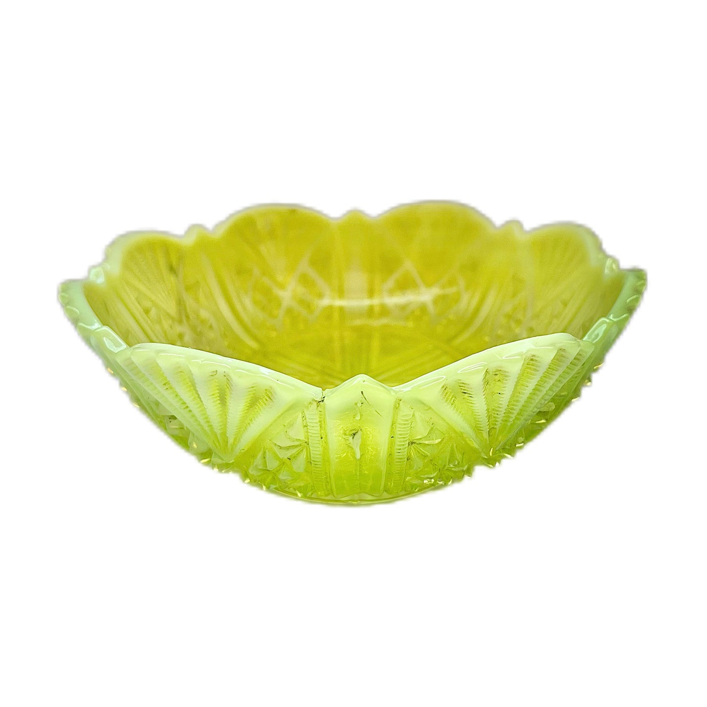 Stunning late Victorian uranium yellow vaseline glass dish circa 1890s to 1900s