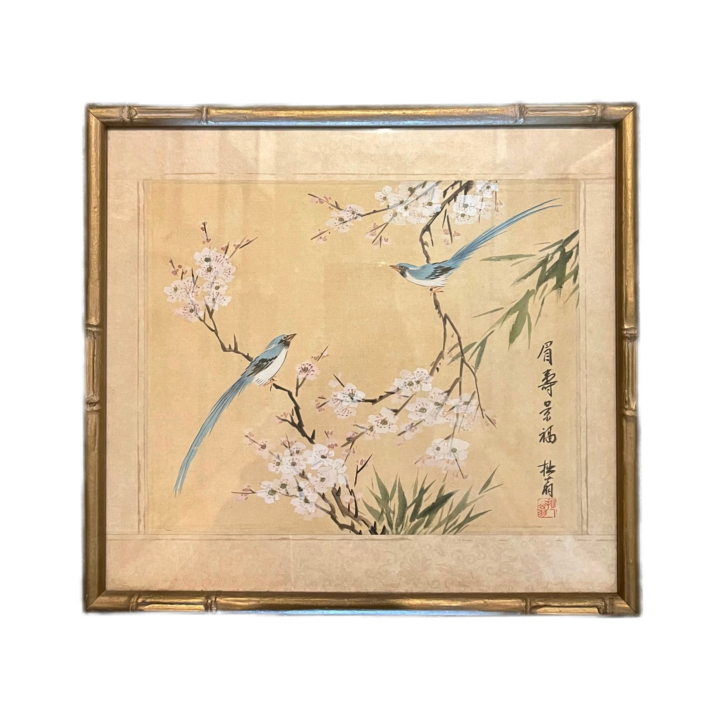 Mid to late 20th century vintage Chinese ink painting of birds and blossoms, Auspiciousness and Longevity