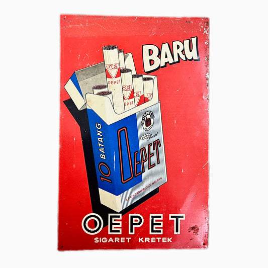 Midcentury 1960s to 1970s Indonesian tobacco advertising sign for “Oepet Sigaret Kretek”