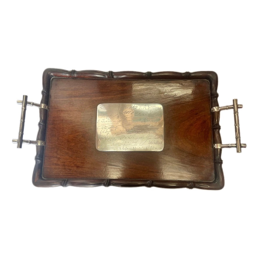Near antique Chinese export silver 3 piece tea set with rosewood tray, estate of Shanghai Police Supt. Lovell