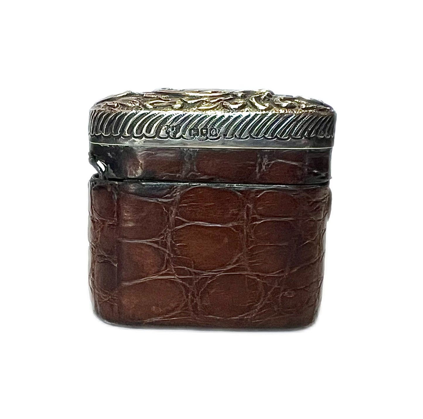 Antique leather-cased travelling inkwell with sterling silver top