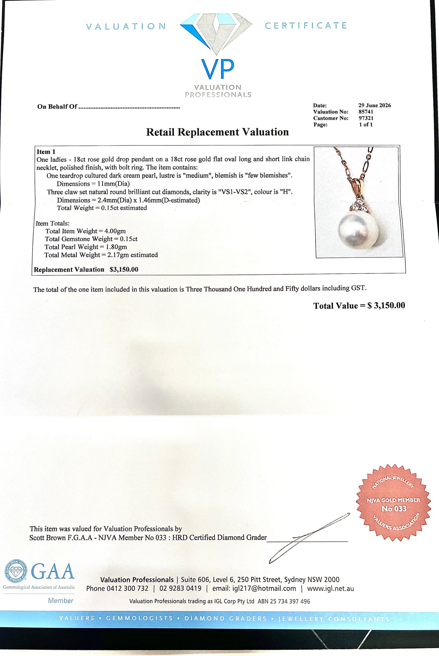 Vintage 18ct rose gold pearl and diamond pendant with 18ct gold chain