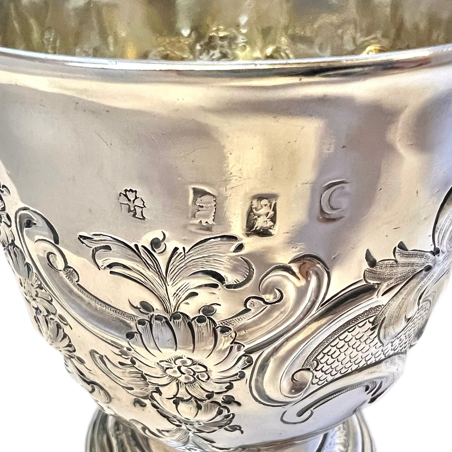 Magnificent George I Britannia silver goblet by Isaac Liger, London, 1719, Delamain family crest