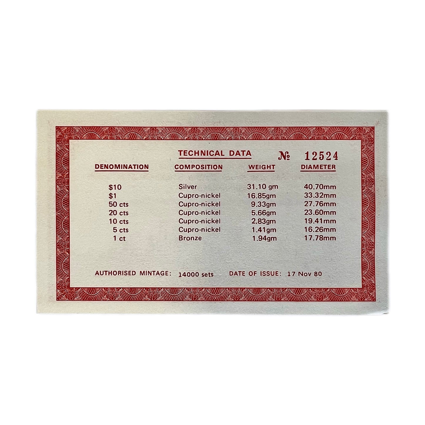 Vintage 1980 Singapore coin proof set, with original certificate of authenticity and guarantee