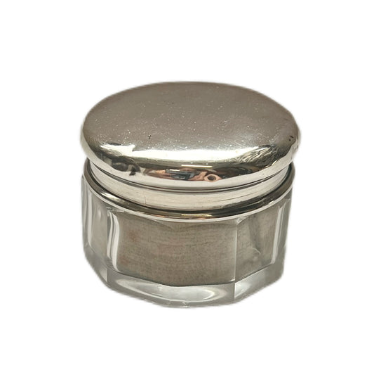 Antique English sterling silver and glass toiletry jar, William Devenport, 1913, Birmingham