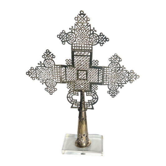 Large vintage possibly antique Ethiopian Coptic Cross with custom stand