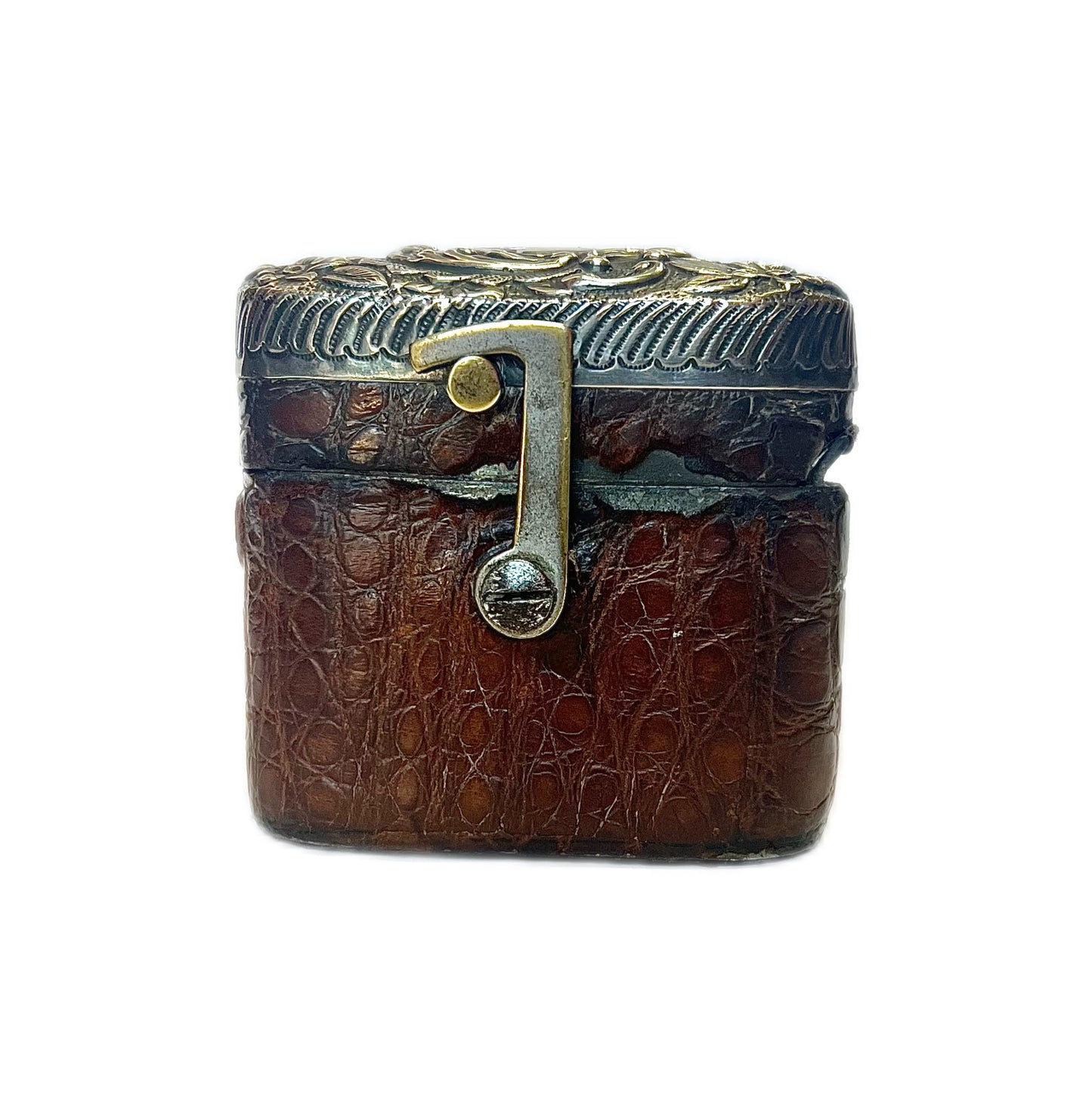 Antique leather-cased travelling inkwell with sterling silver top