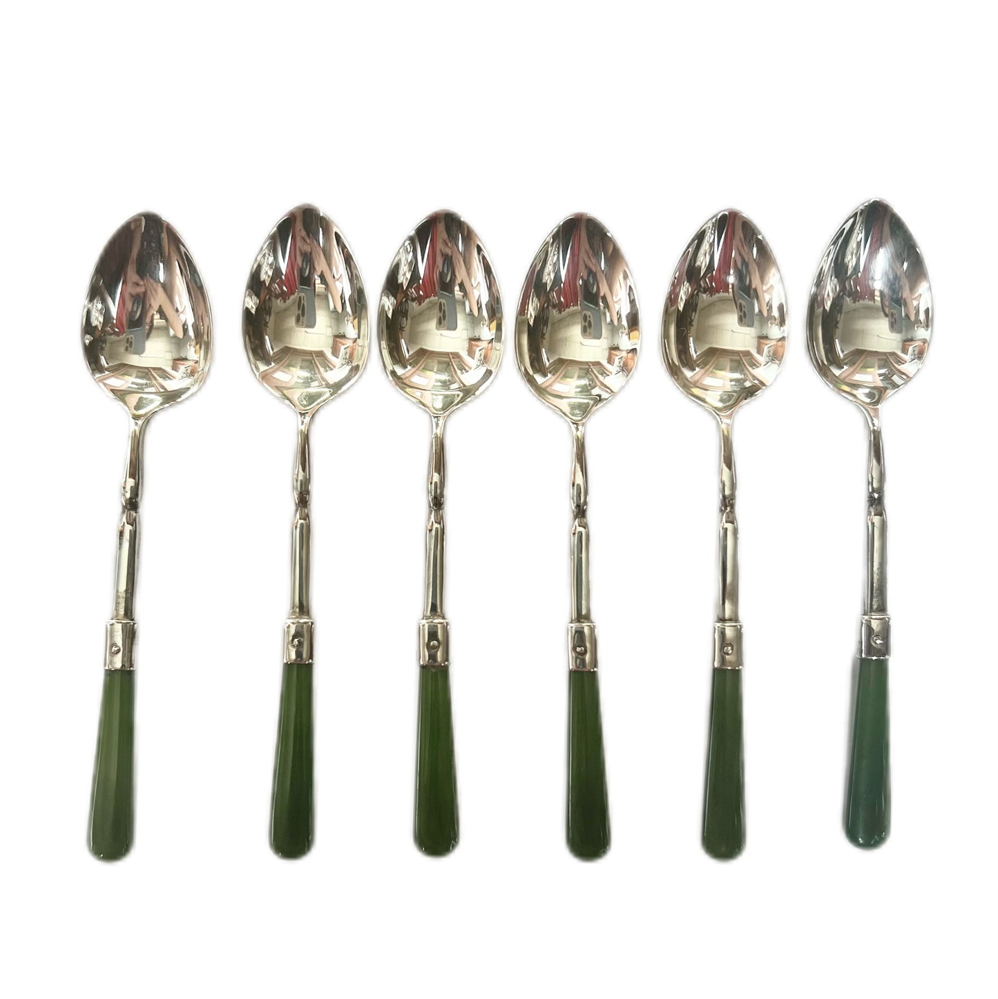 6 antique George V sterling silver and poumanu jade coffee spoons