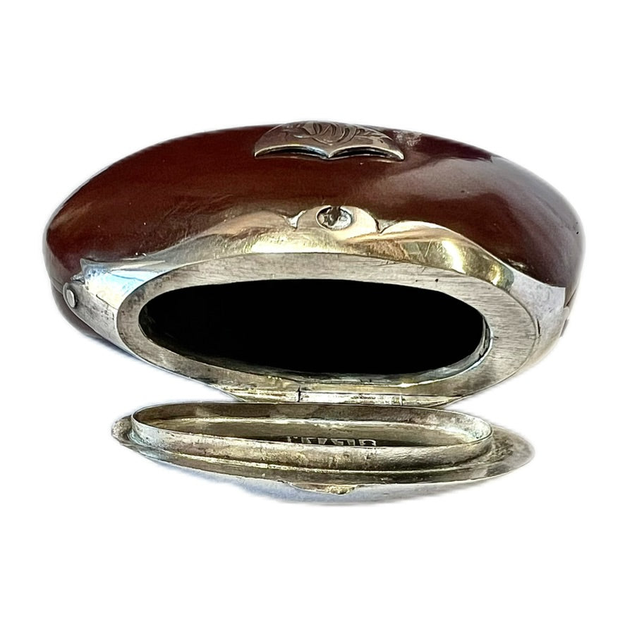 Antique Australian colonial period Burra nut vesta case with sterling silver mounts