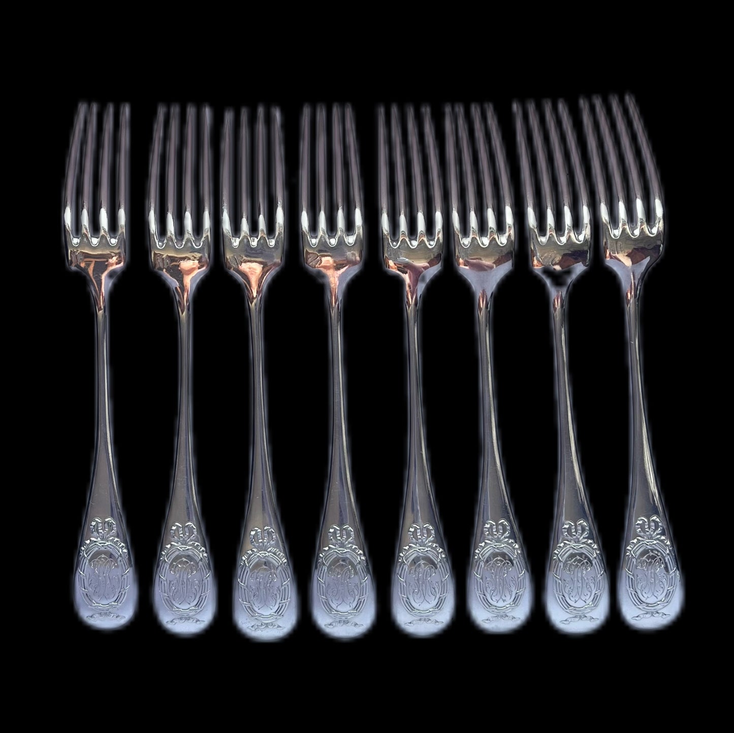 Set of eight antique 19th century silver entree forks by Emile Puiforcat