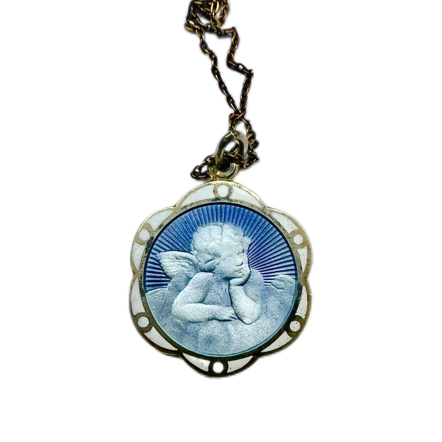 Antique French .800 silver and guilloche enamel guardian angel pendant