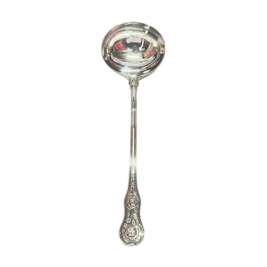 Antique George III sterling silver crested Rose Pattern ladle