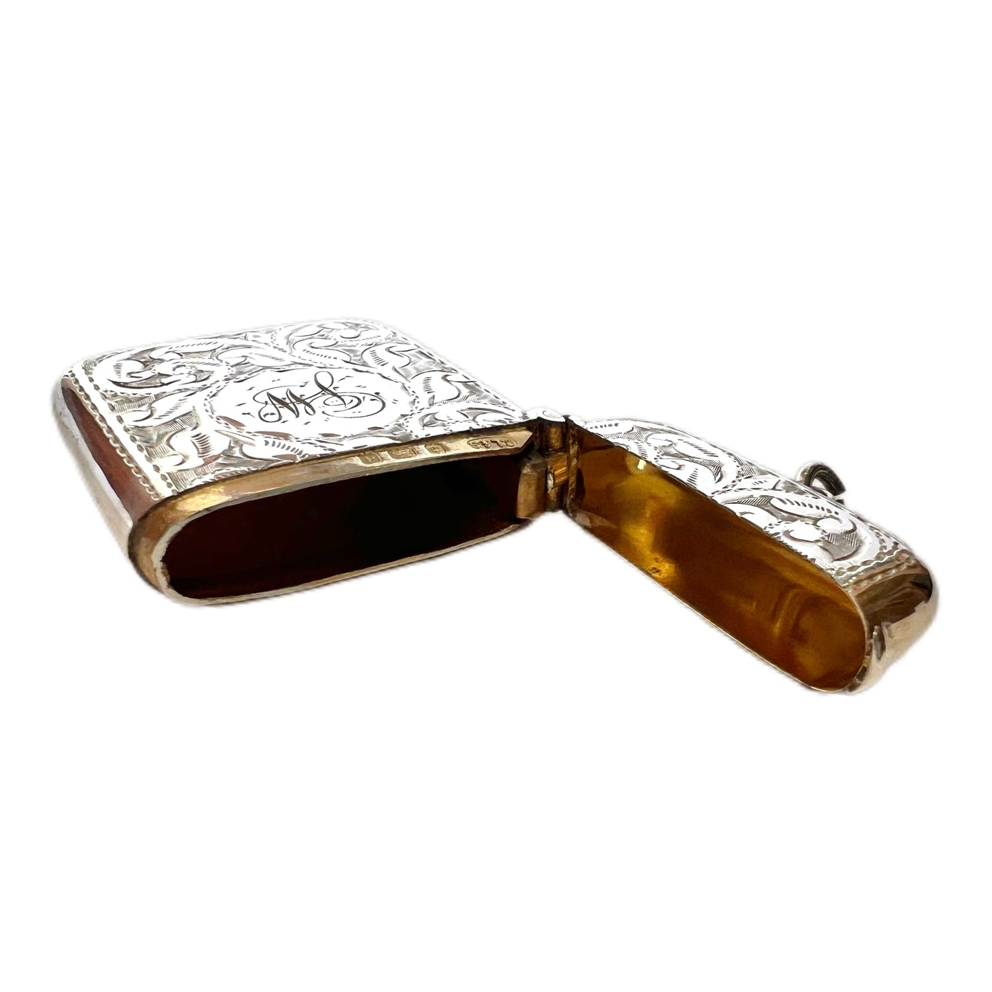 Antique English sterling silver vesta case and cigarette holder set in original case
