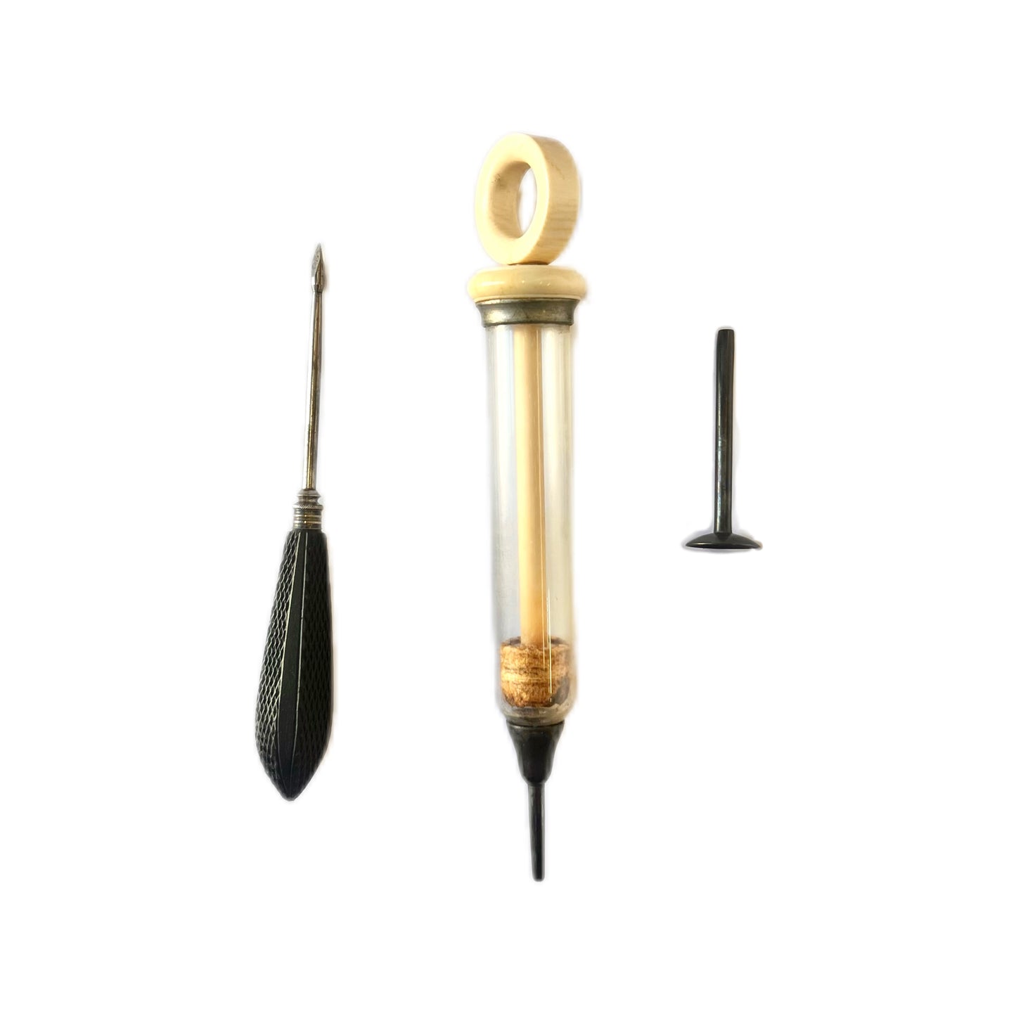 Rare antique19th century ivory and glass hydrocele syringe with original fittings and case