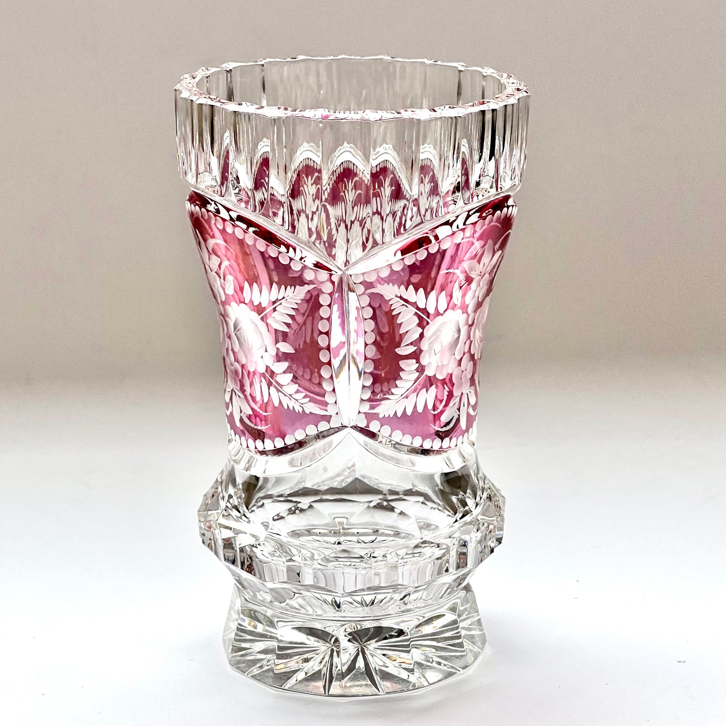 Vintage Bohemian lead crystal and etched ruby flash vase circa first half of the 20th century