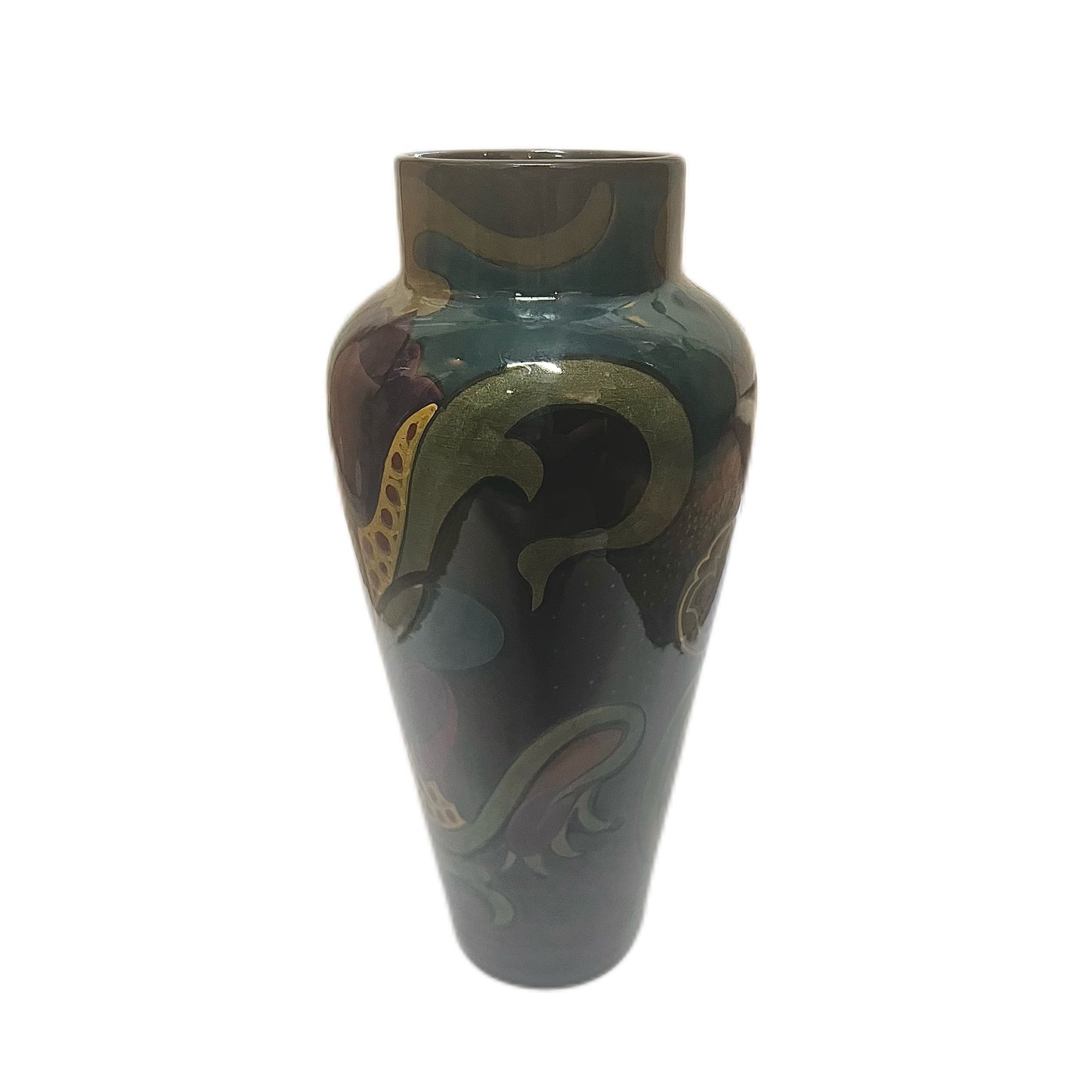 Antique PZH Gouda Dutch Pottery vase with stylised dark florals, circa 1918